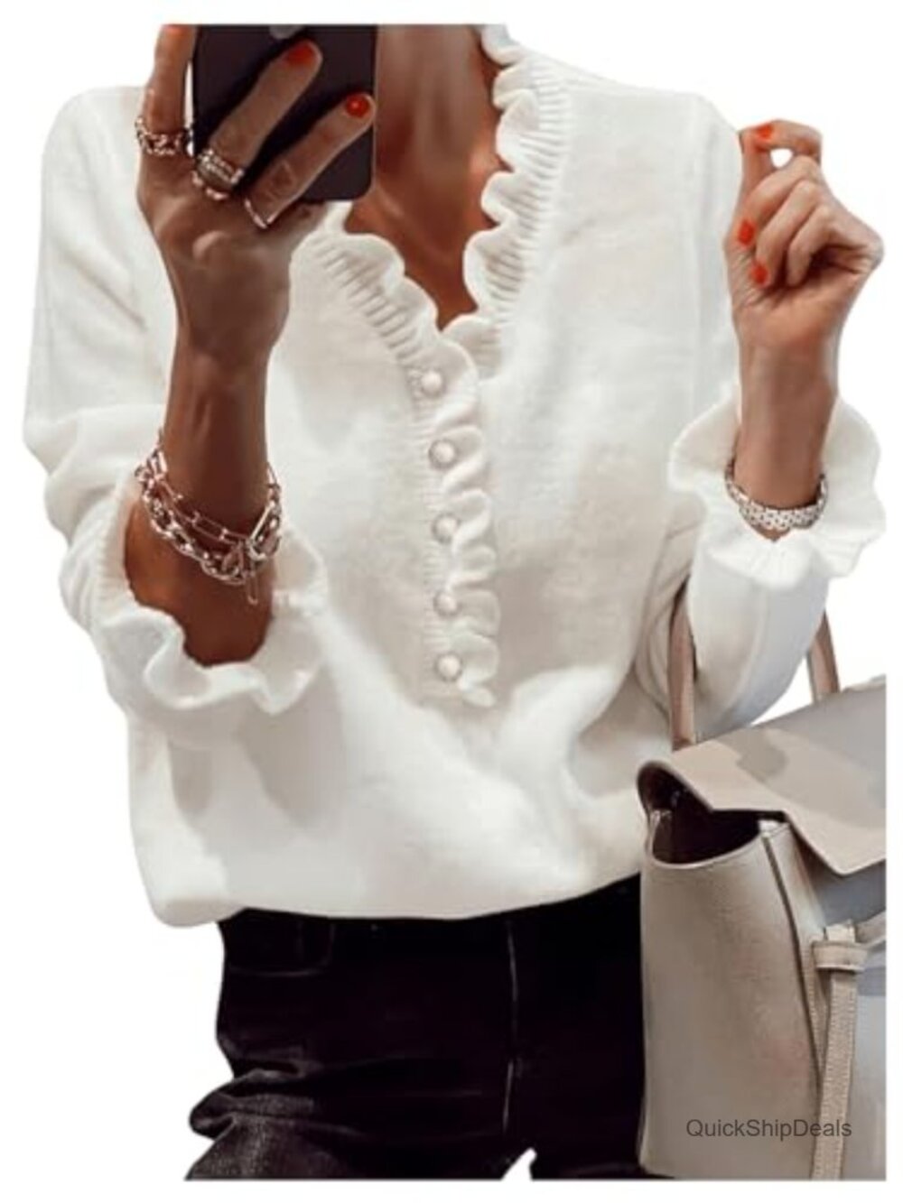 Long Sleeve Ruffle Sweater Button Front V Neck Pearl Beaded Knit Pullover